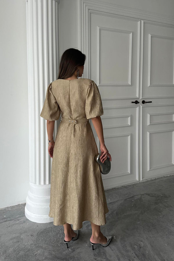 ELS Wholesale Gold Shimmer Belted Wrap Dress - Antequera