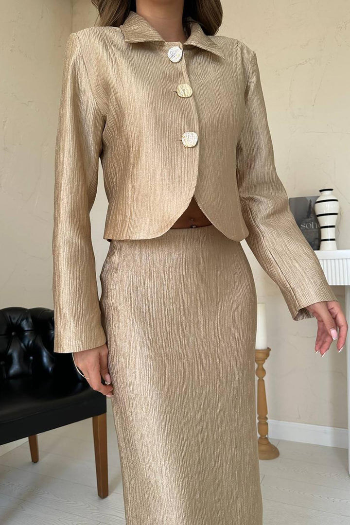 ELS Wholesale Gold Shiny Jacket Skirt Suit - Muskogee