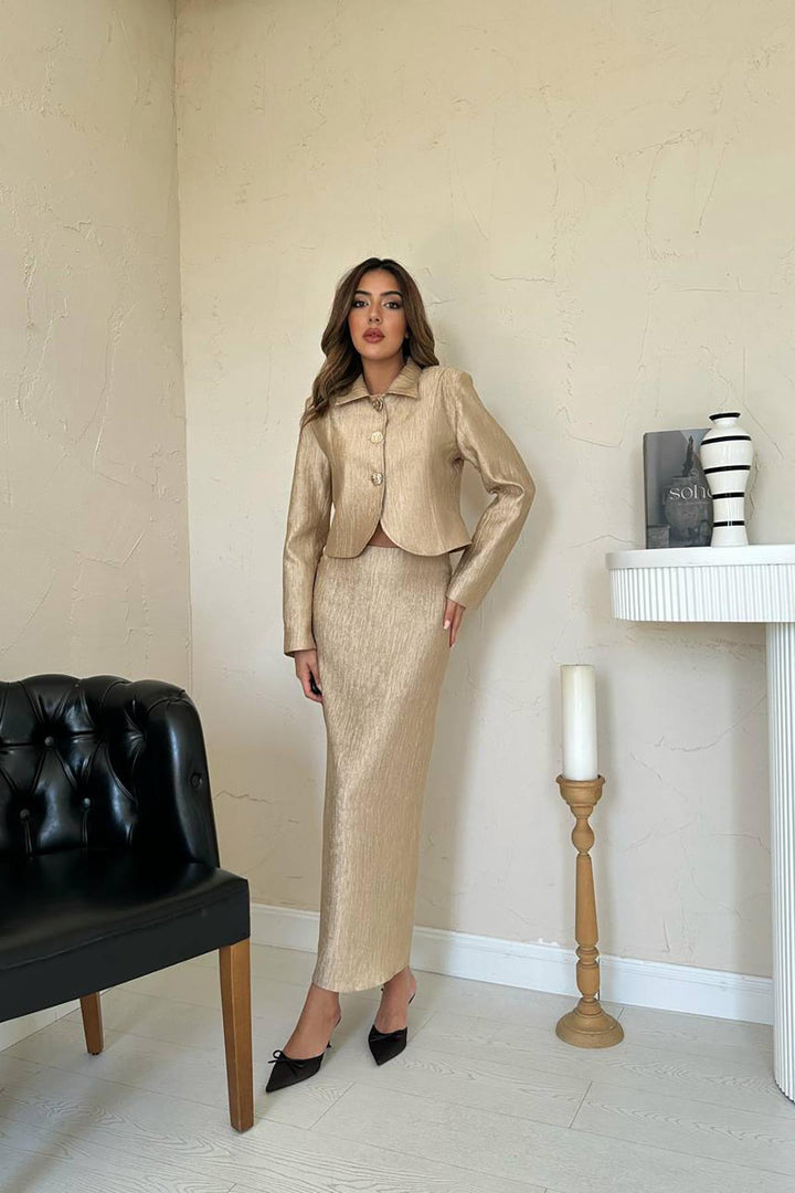 ELS Wholesale Gold Shiny Jacket Skirt Suit - Muskogee
