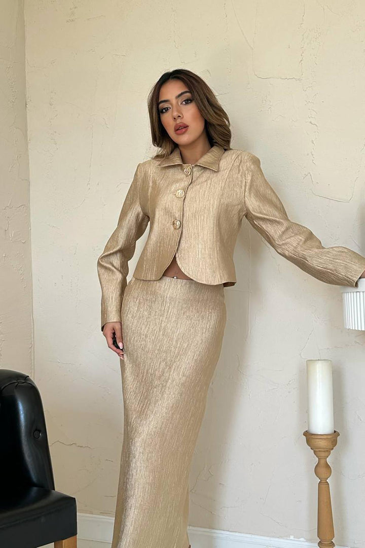 ELS Wholesale Gold Shiny Jacket Skirt Suit - Muskogee
