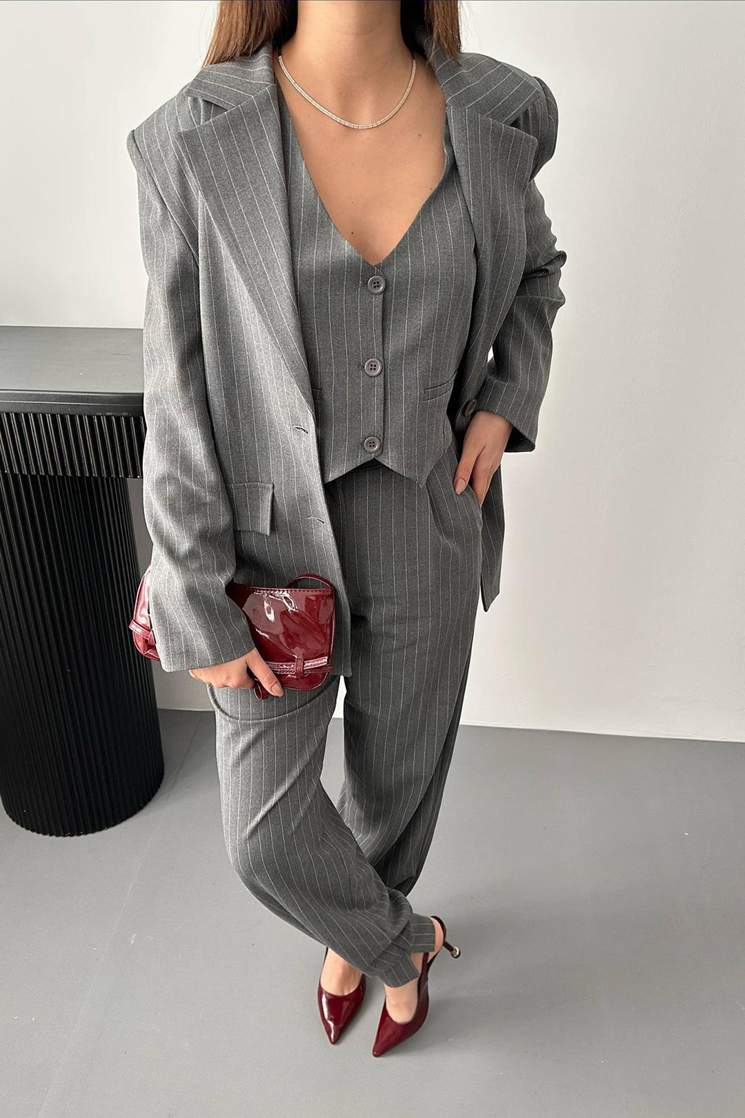 ELS Toptan Gri Çizgili Üçlü Takım - Northampton