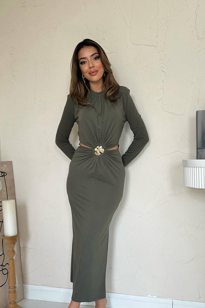 ELS Wholesale Khaki Window Detailed Ruched Dress - Columbia