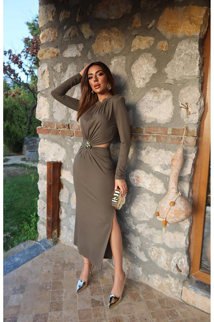 ELS Toptan Haki Pencere Detaylı Büzgülü Elbise - Kendall West