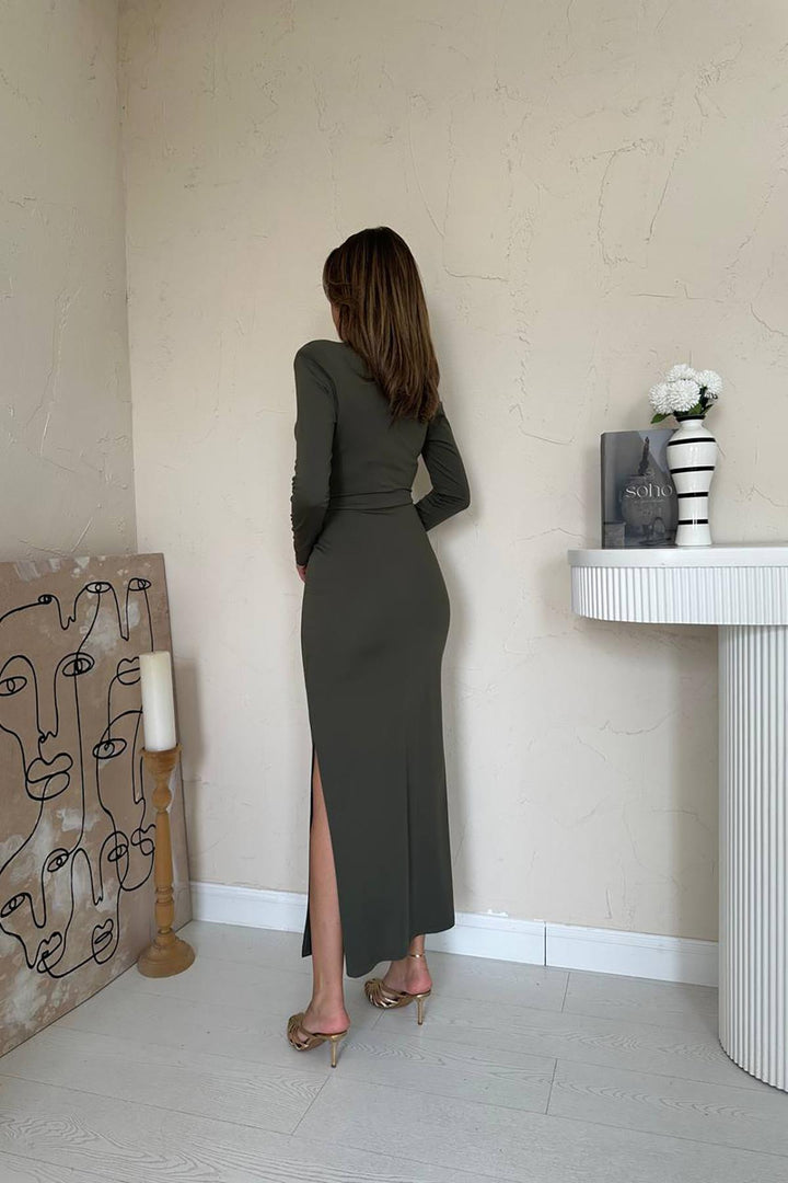 ELS Wholesale Khaki Window Detailed Ruched Dress - Columbia