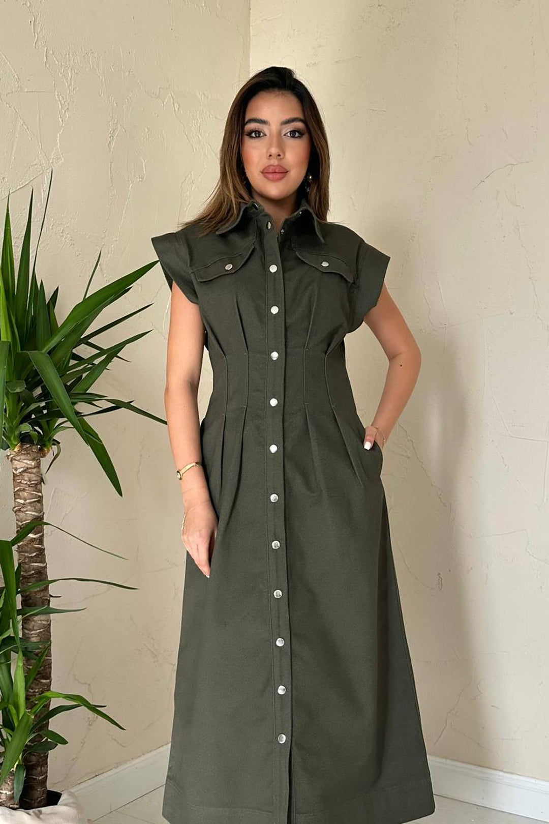 ELS Wholesale Khaki Pleated Gabardine Dress - Massa