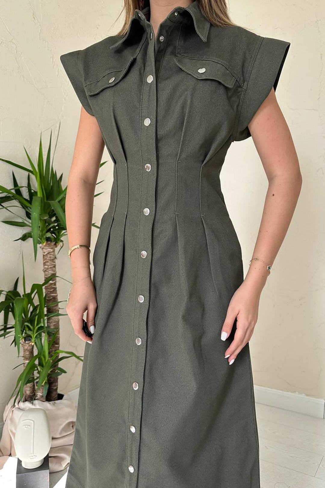 ELS Wholesale Khaki Pleated Gabardine Dress - Massa