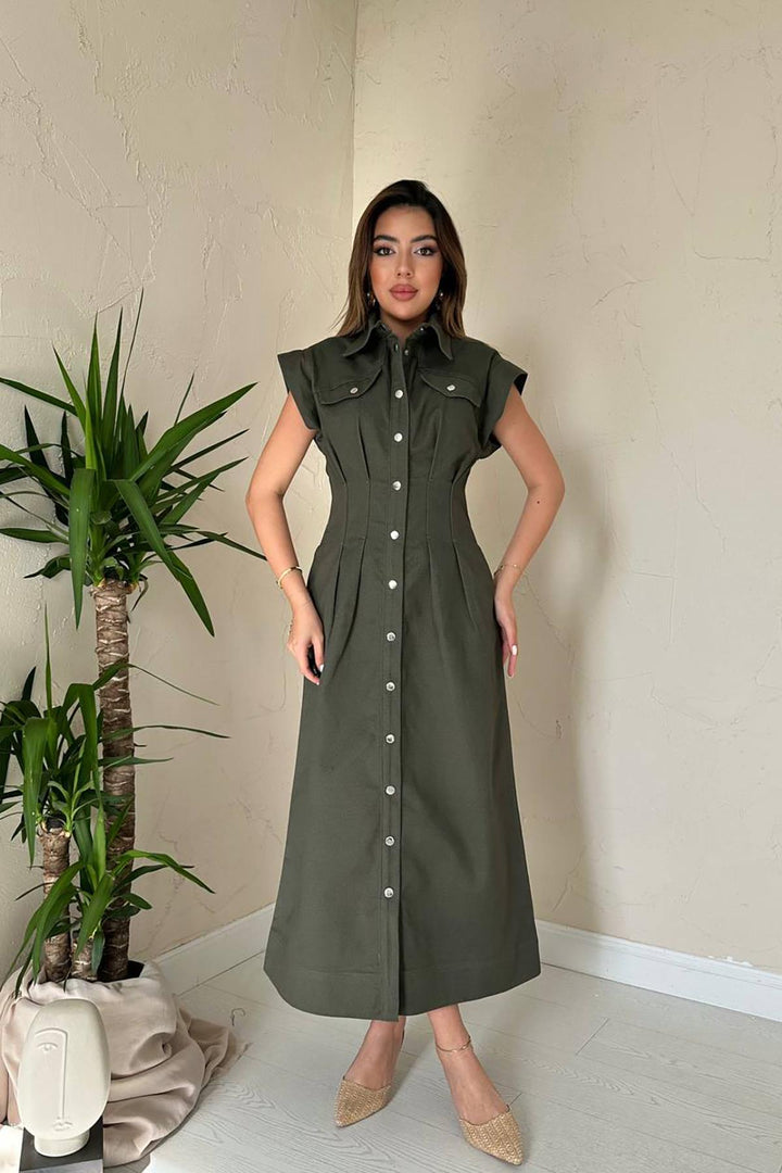 ELS Wholesale Khaki Pleated Gabardine Dress - Massa