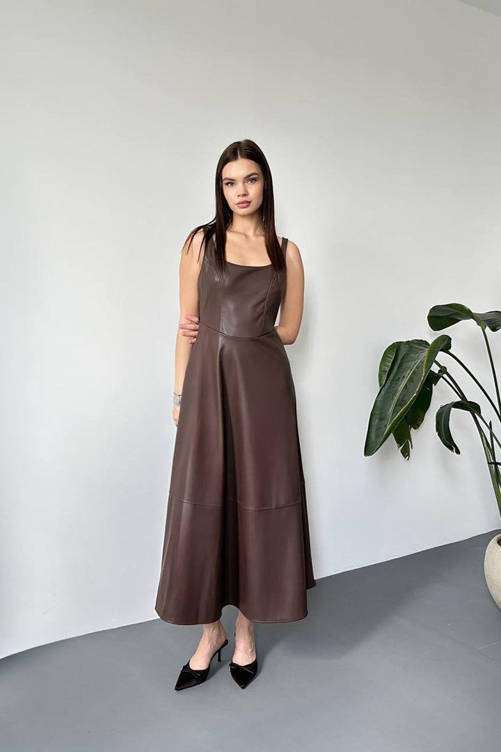 ELS Toptan Kahverengi Askılı Deri Elbise - Sanford