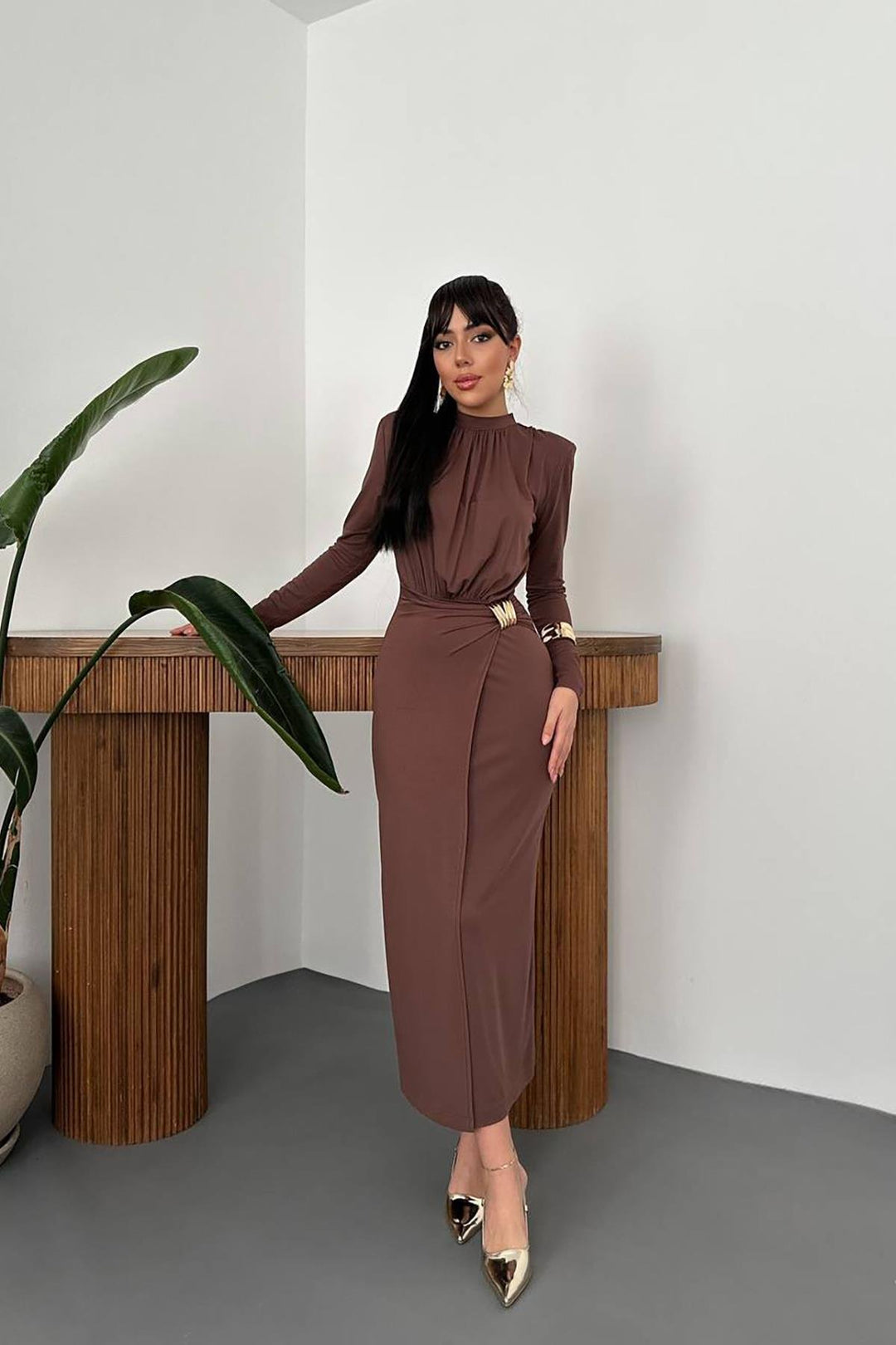 ELS Toptan Kahverengi Beli Tokalı Elbise - Ancona