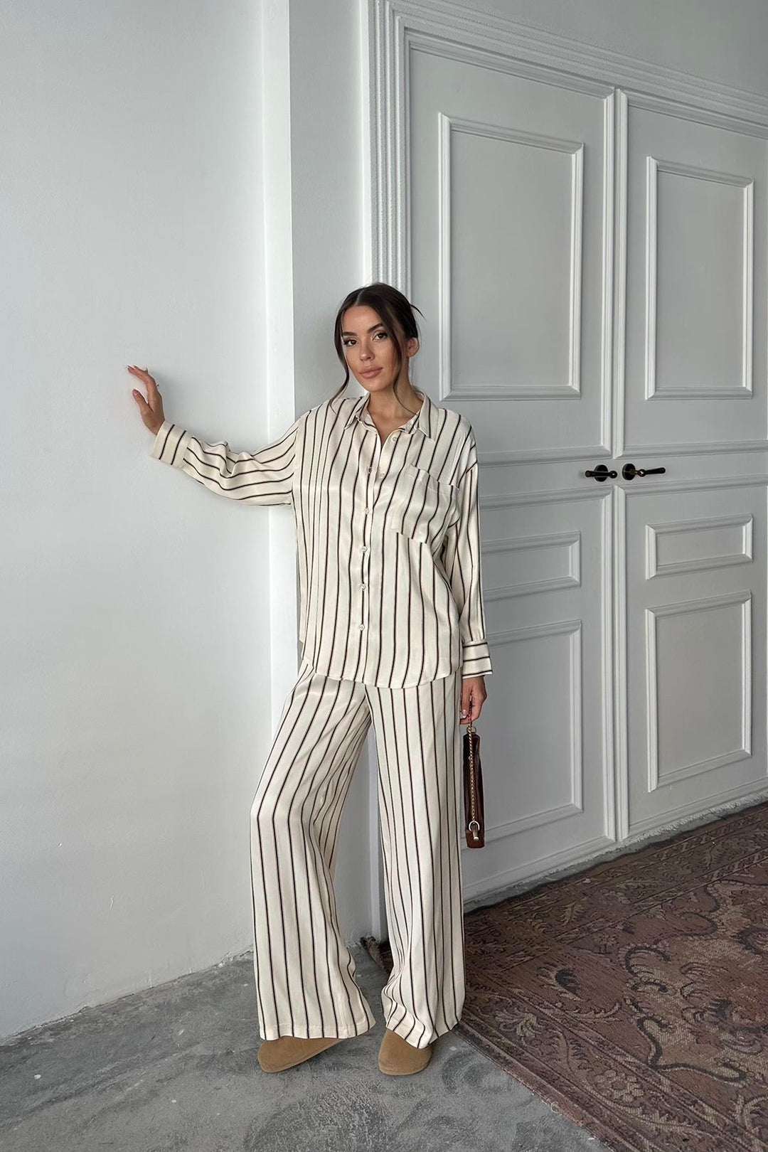 ELS Wholesale Brown Striped Satin Suit - Passaic