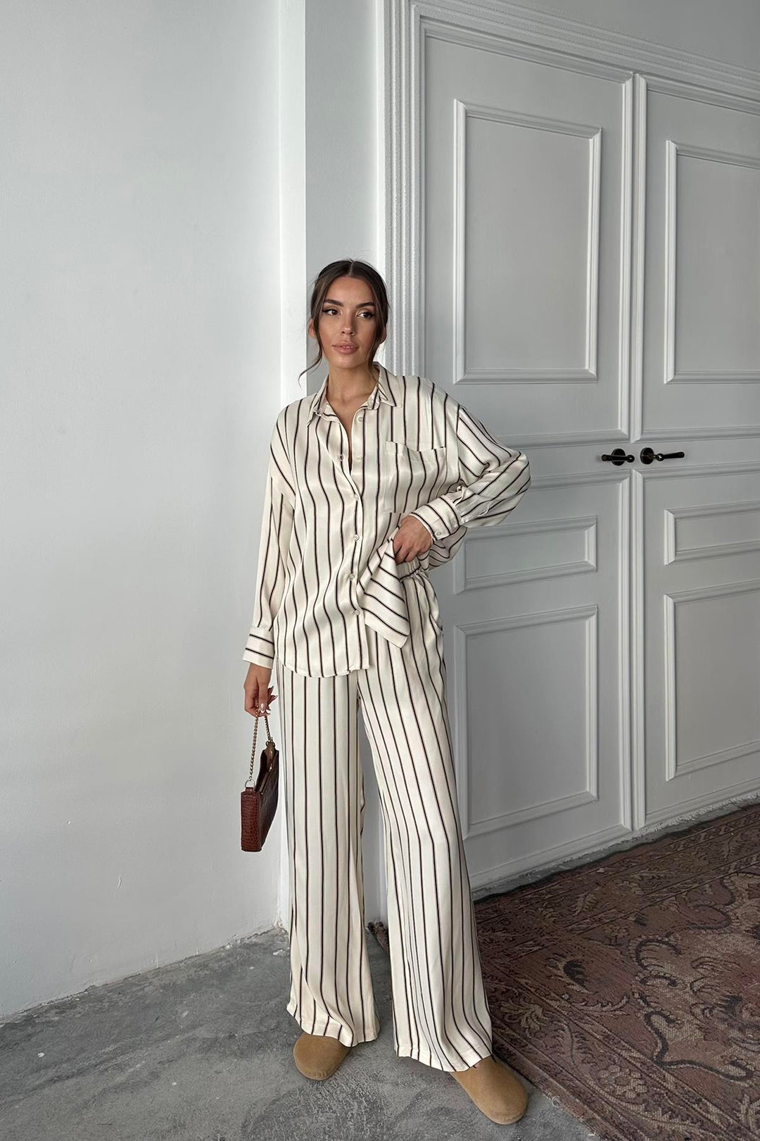 ELS Wholesale Brown Striped Satin Suit - Passaic
