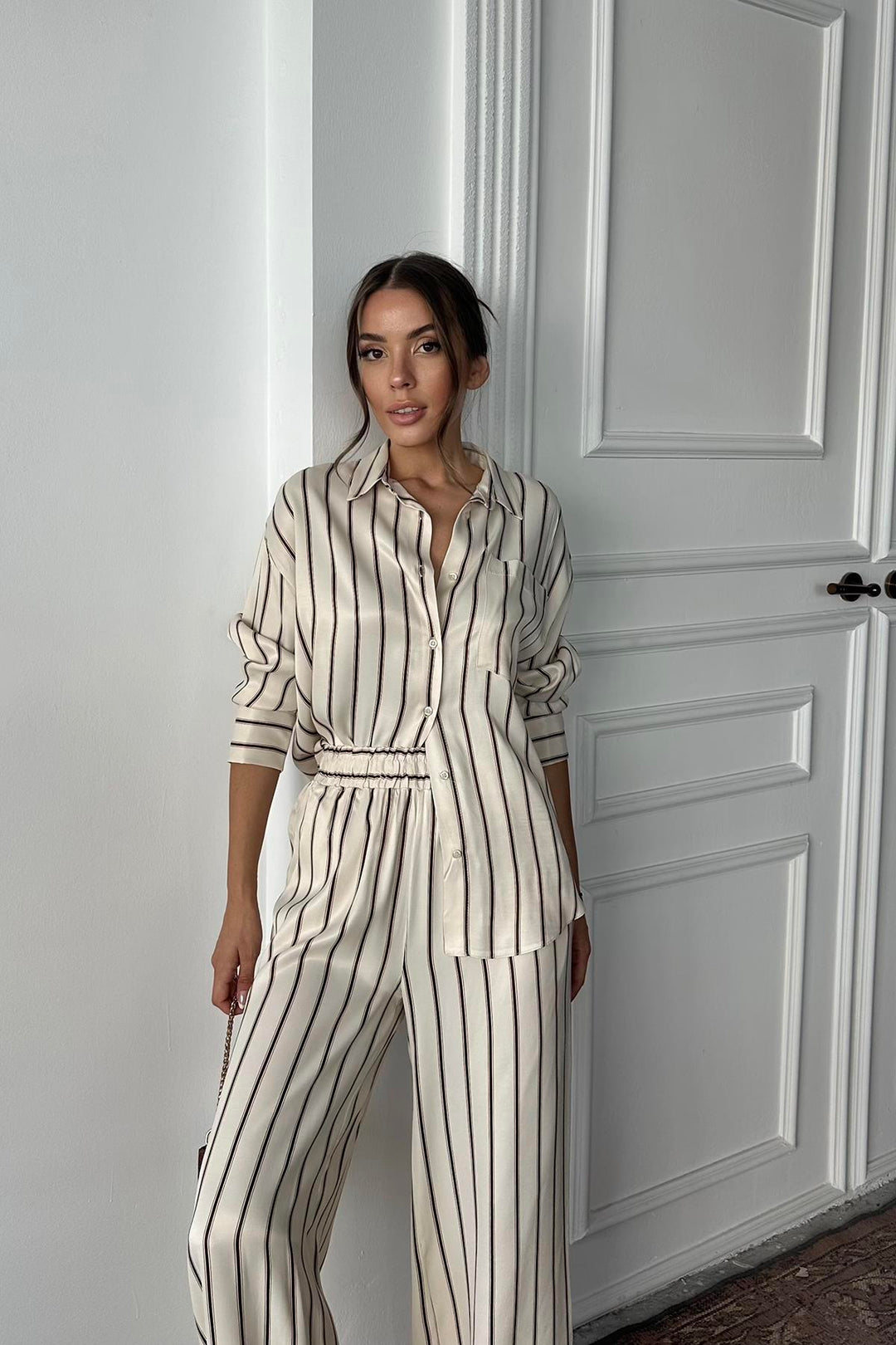 ELS Wholesale Brown Striped Satin Suit - Passaic