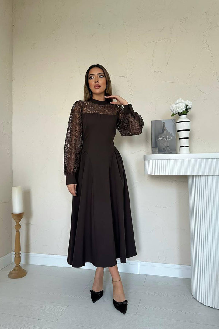 ELS Wholesale Brown Lace Trimmed Ruched Satin Dress - Merthyr Tudful
