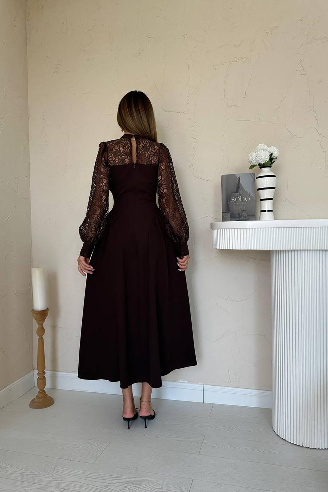 ELS Wholesale Brown Lace Trimmed Ruched Satin Dress - Merthyr Tudful