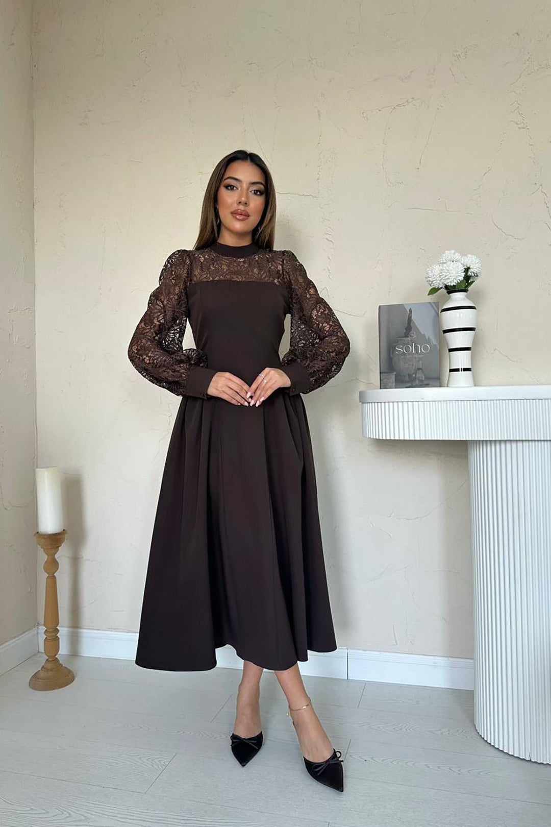 ELS Wholesale Brown Lace Trimmed Ruched Satin Dress - Merthyr Tudful