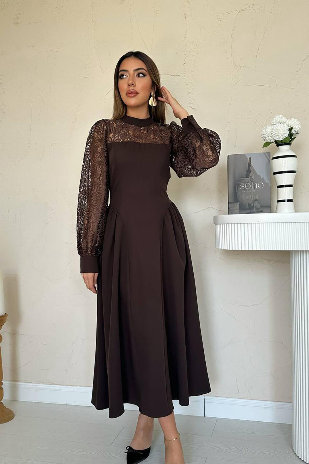 ELS Wholesale Brown Lace Trimmed Ruched Satin Dress - Merthyr Tudful