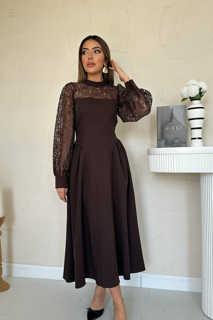 ELS Wholesale Brown Lace Trimmed Ruched Satin Dress - Merthyr Tudful