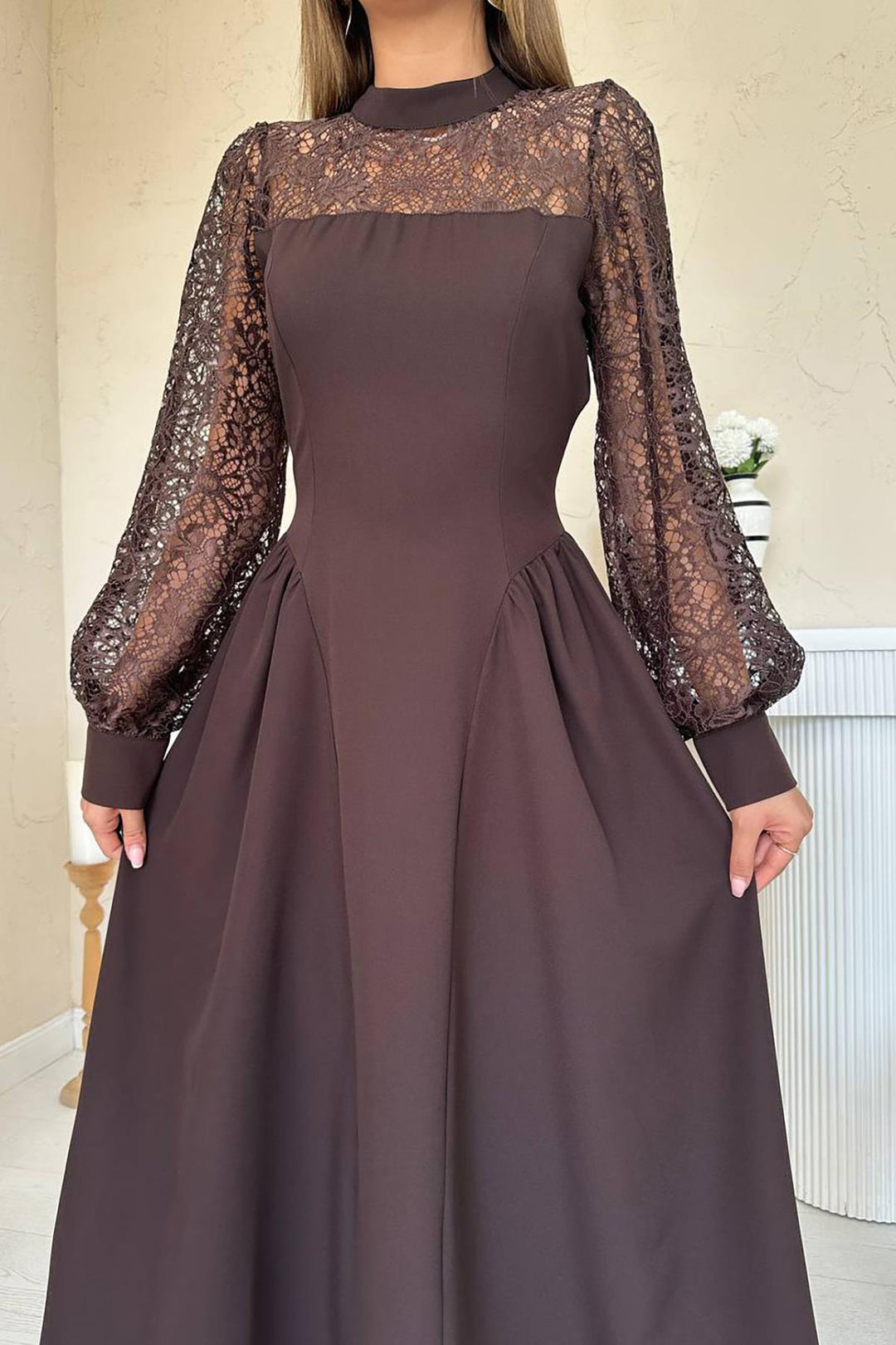 ELS Wholesale Brown Lace Trimmed Ruched Satin Dress - Merthyr Tudful