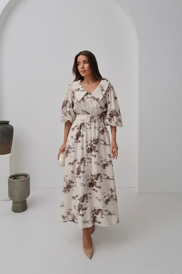 ELS Toptan Kahverengi Desenli Kemerli Elbise - Bundaberg