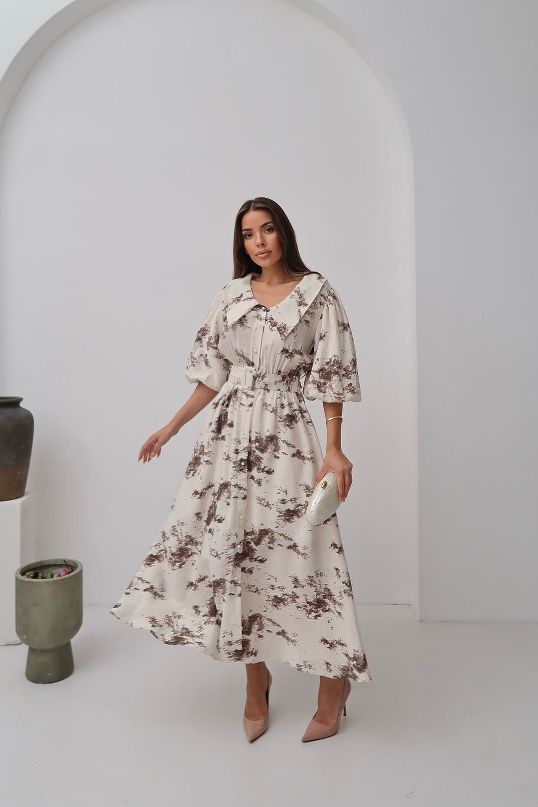 ELS Toptan Kahverengi Desenli Kemerli Elbise - Bundaberg