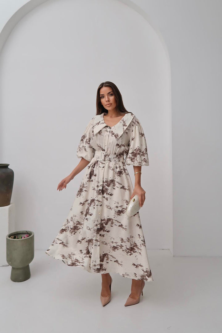 ELS Toptan Kahverengi Desenli Kemerli Elbise - Bundaberg