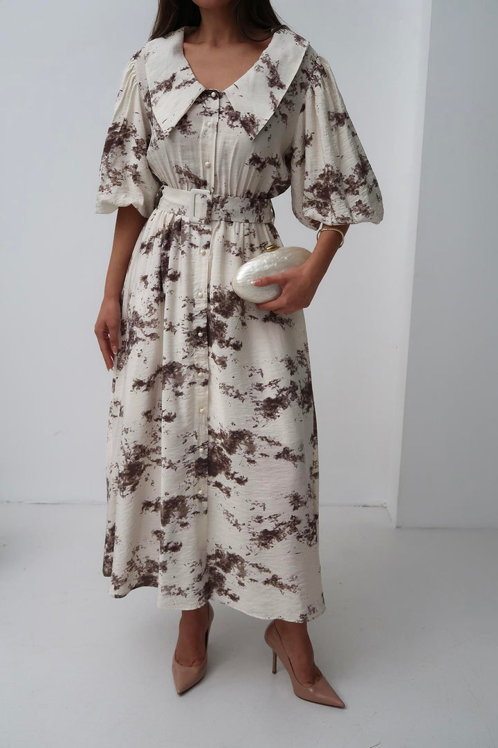 ELS Toptan Kahverengi Desenli Kemerli Elbise - Bundaberg