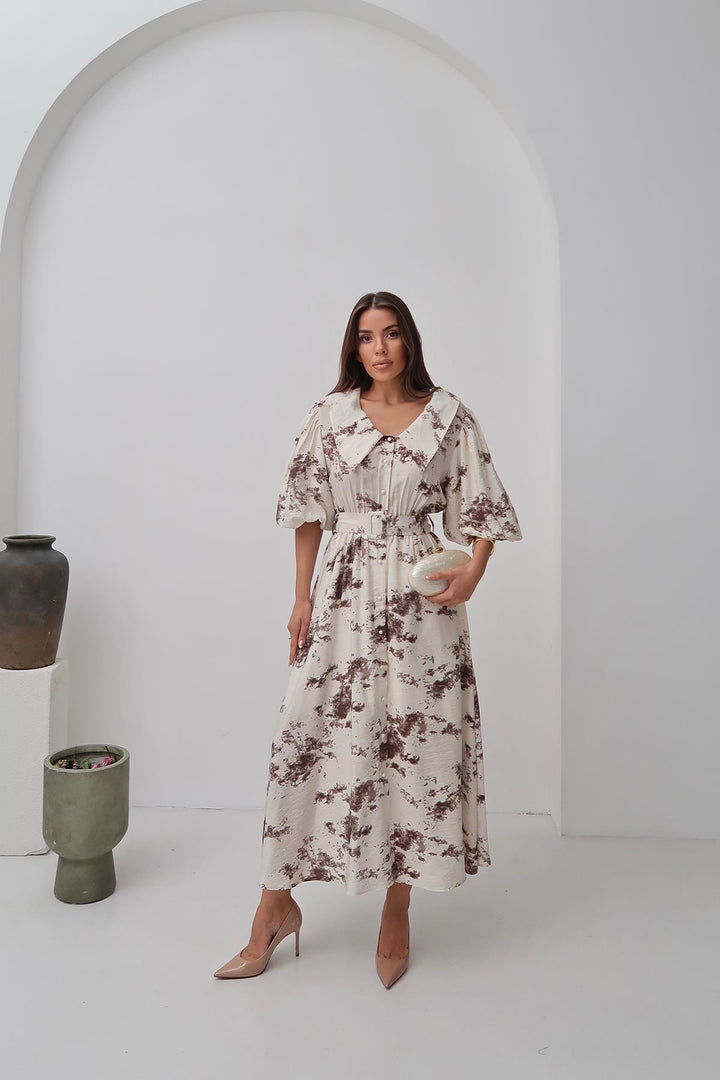 ELS Toptan Kahverengi Desenli Kemerli Elbise - Bundaberg