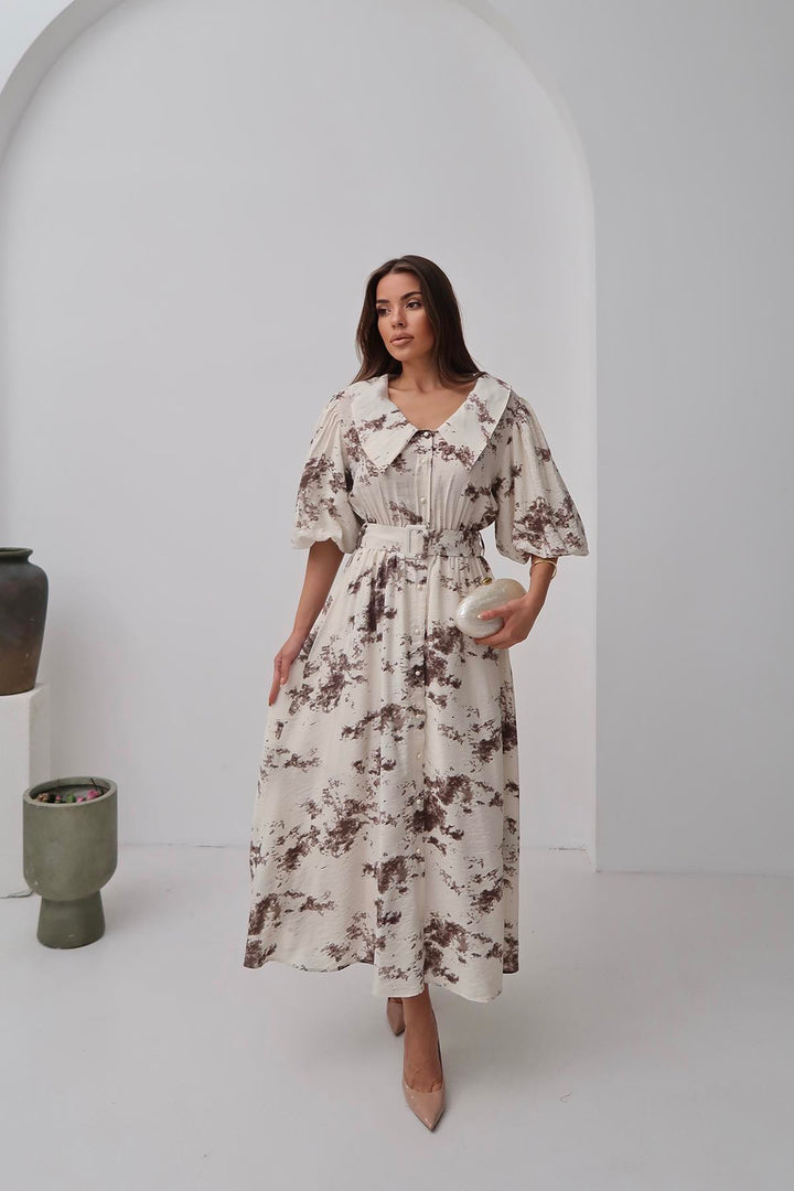 ELS Toptan Kahverengi Desenli Kemerli Elbise - Bundaberg