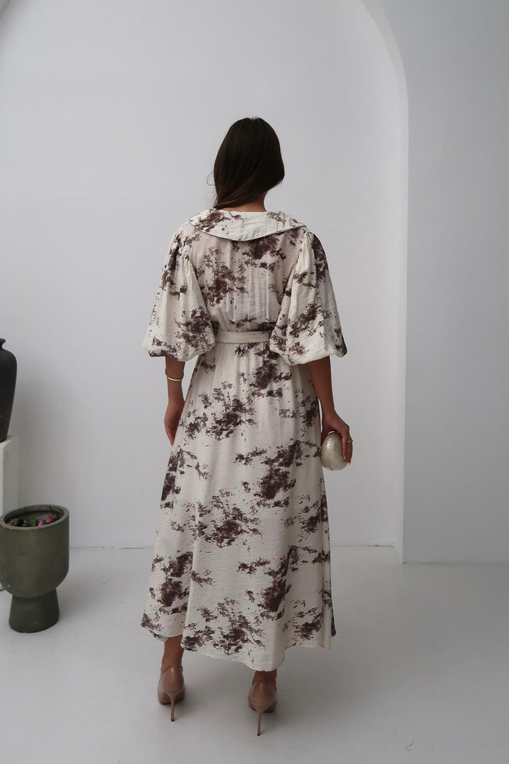 ELS Toptan Kahverengi Desenli Kemerli Elbise - Bundaberg