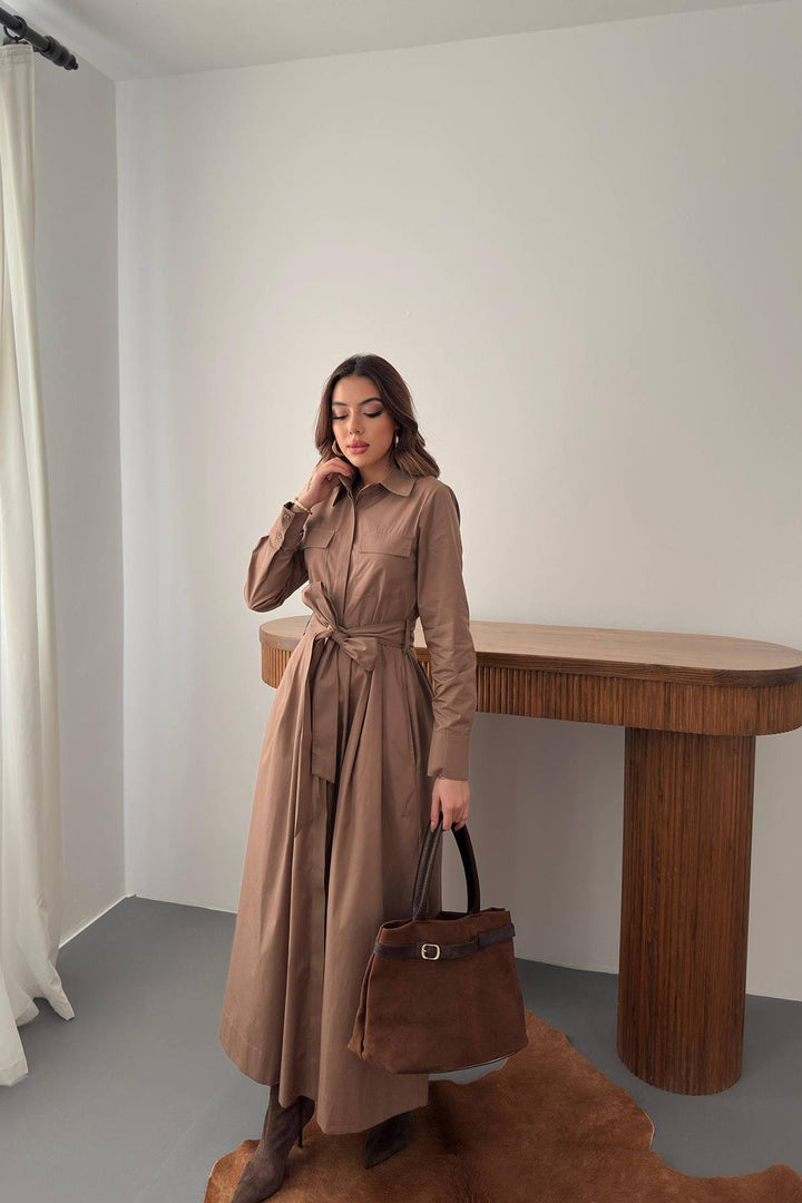 ELS Wholesale Brown Buttoned Poplin Dress - North Bergen