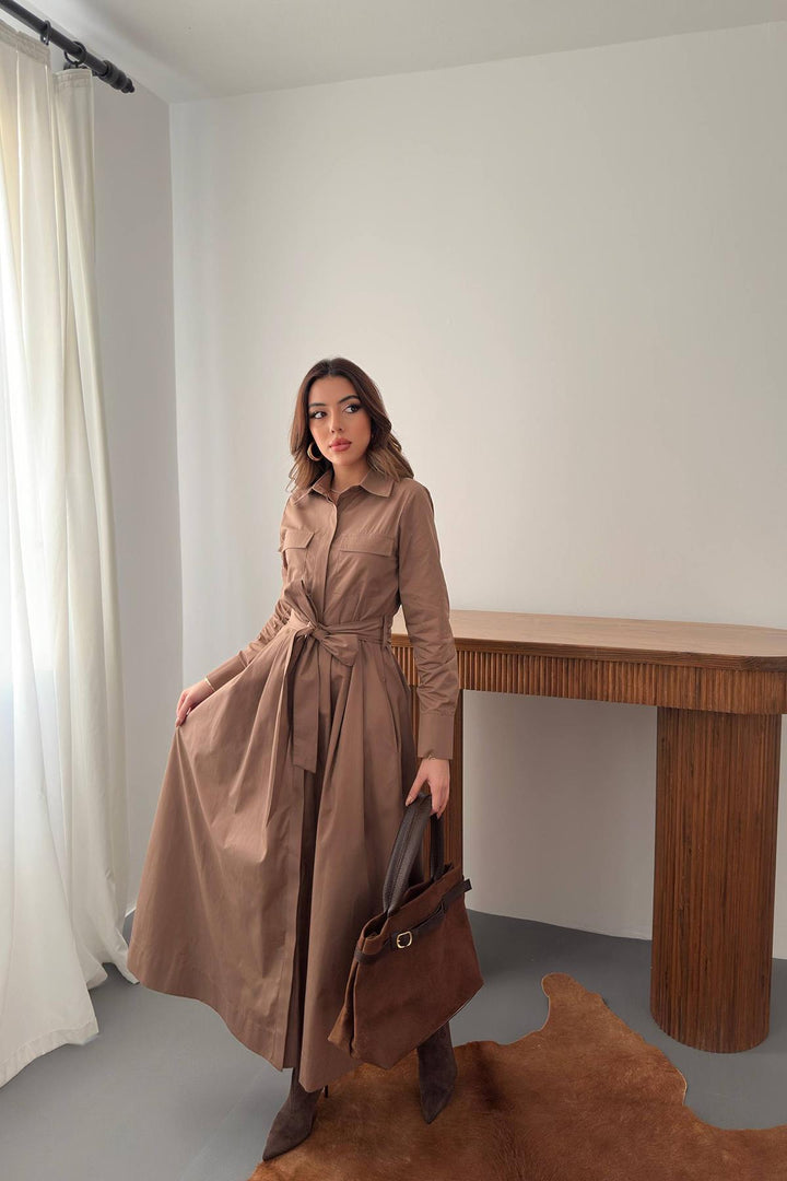 ELS Wholesale Brown Buttoned Poplin Dress - North Bergen