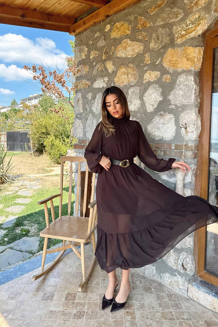 ELS Wholesale Brown Ruffled Chiffon Dress - Jackson