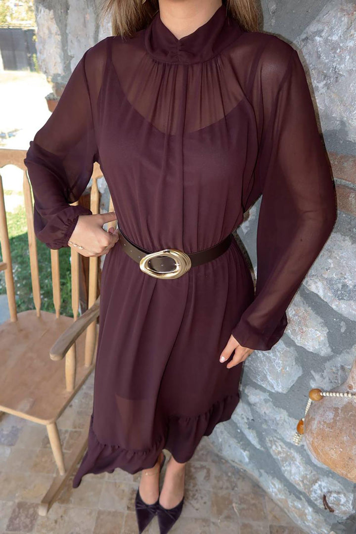 ELS Wholesale Brown Ruffled Chiffon Dress - Jackson