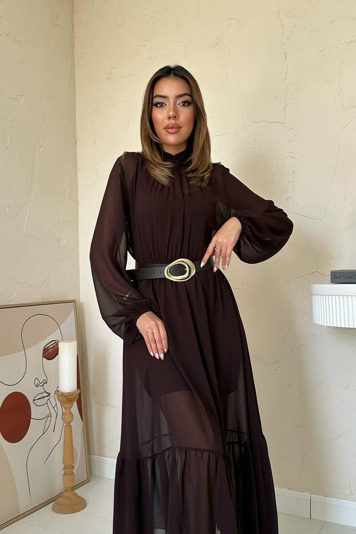 ELS Wholesale Brown Ruffled Chiffon Dress - Stoke-on-Trent