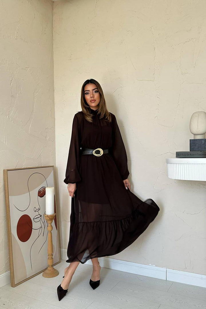 ELS Wholesale Brown Ruffled Chiffon Dress - Stoke-on-Trent