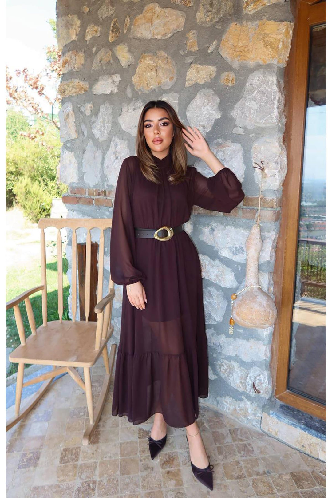 ELS Wholesale Brown Ruffled Chiffon Dress - Jackson