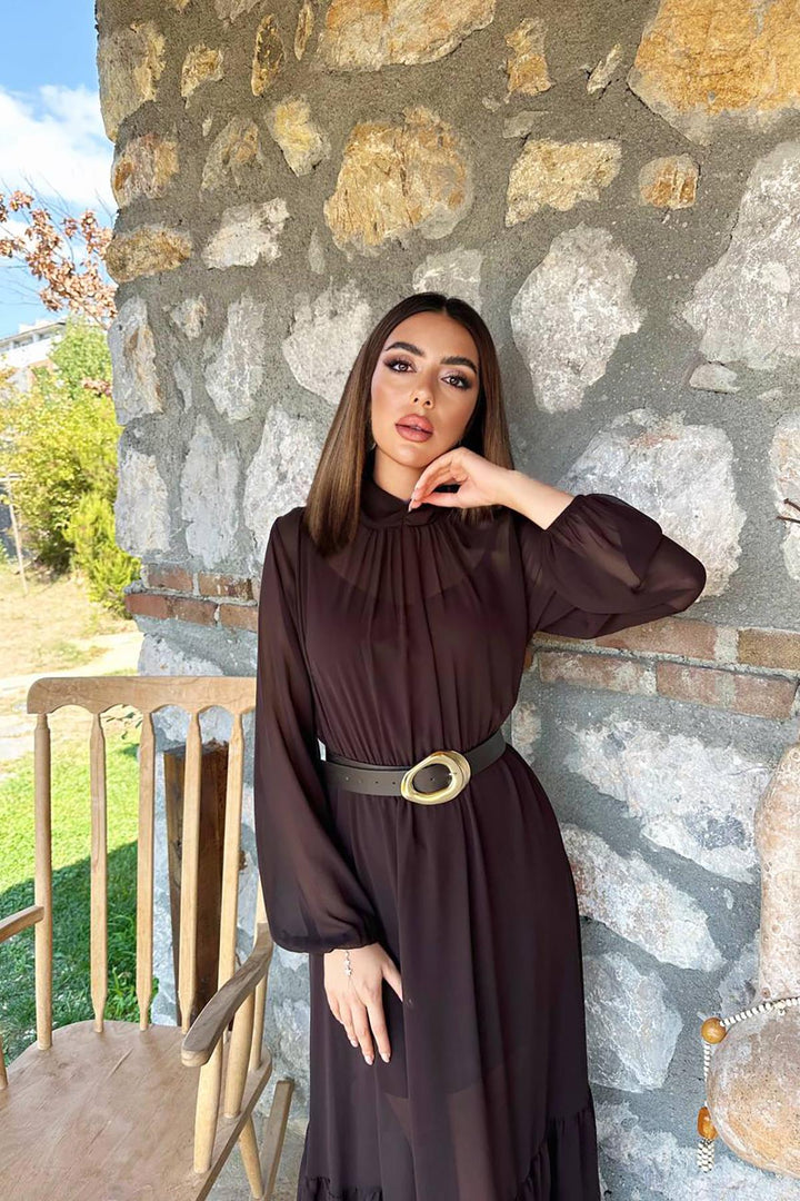 ELS Wholesale Brown Ruffled Chiffon Dress - Jackson