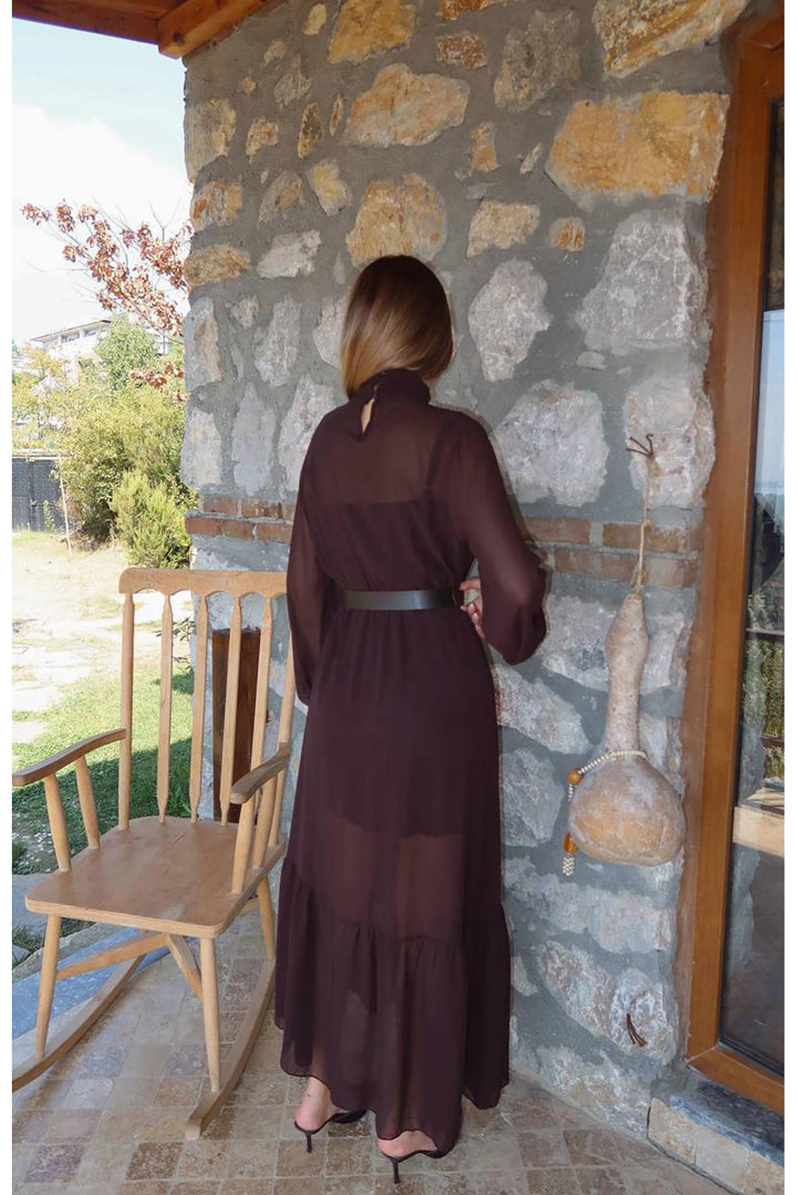 ELS Wholesale Brown Ruffled Chiffon Dress - Jackson