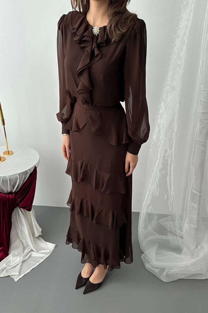 ELS Toptan Kahverengi Fırfırlı Şifon Takım - Veenendaal