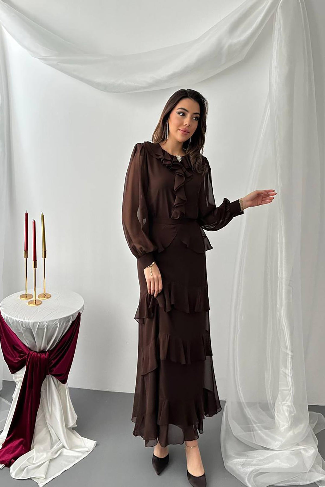 ELS Toptan Kahverengi Fırfırlı Şifon Takım - Veenendaal