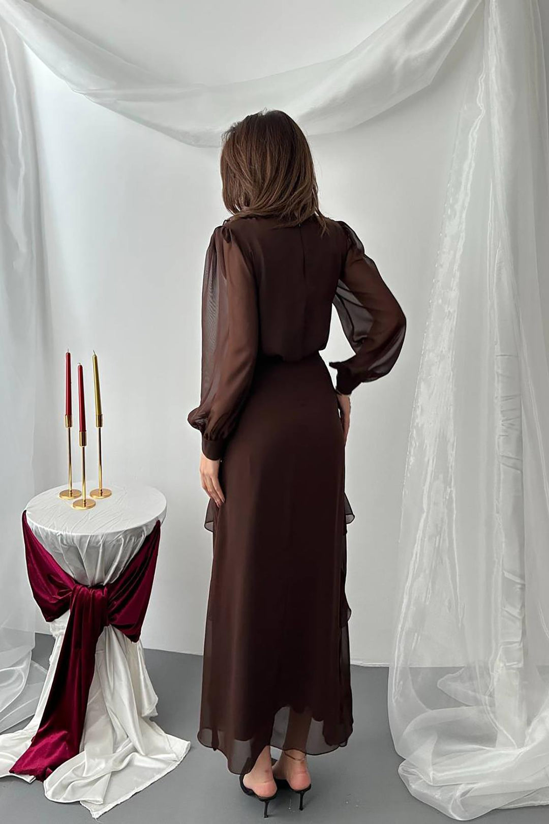 ELS Toptan Kahverengi Fırfırlı Şifon Takım - Veenendaal