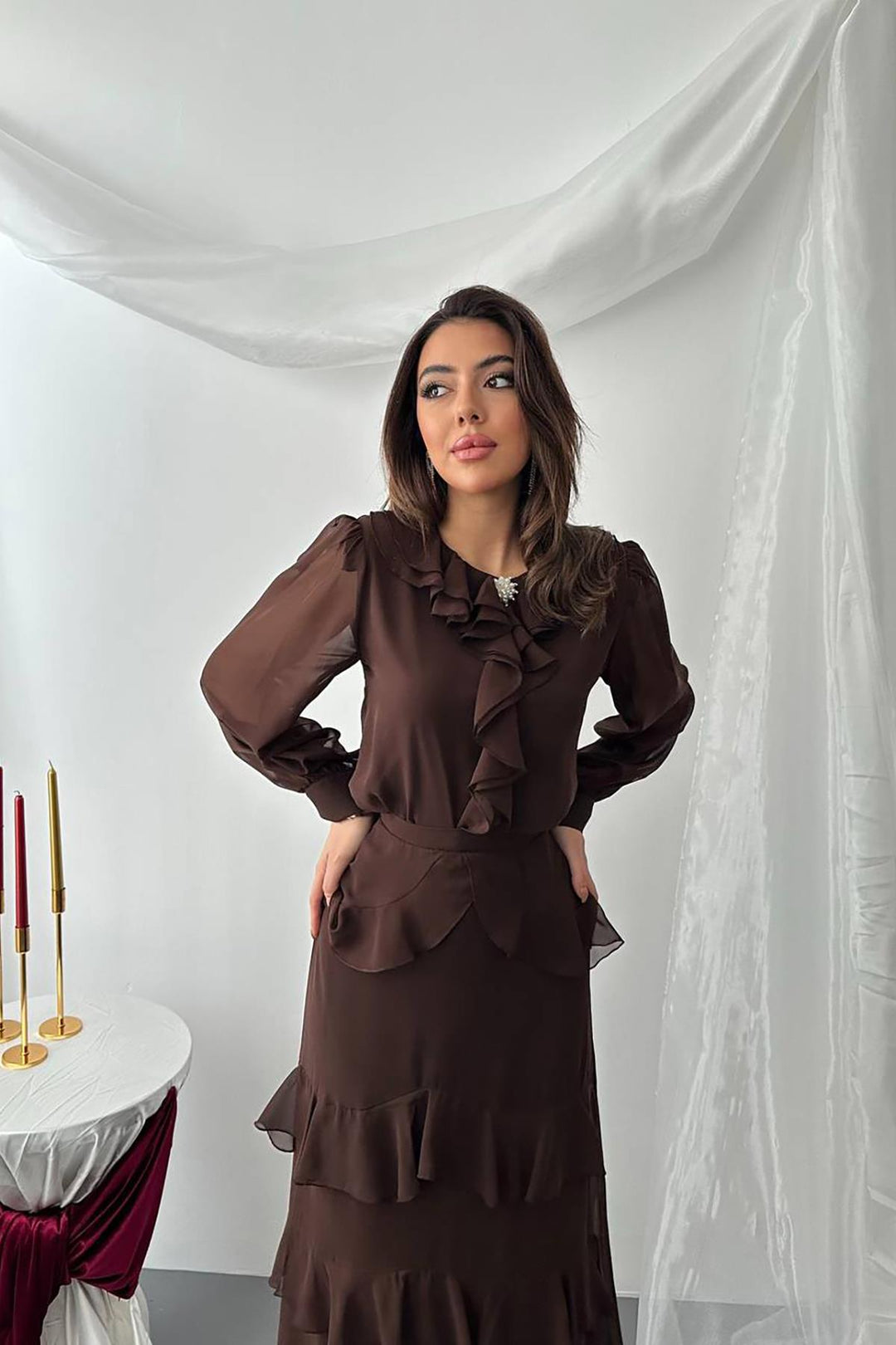 ELS Toptan Kahverengi Fırfırlı Şifon Takım - Veenendaal