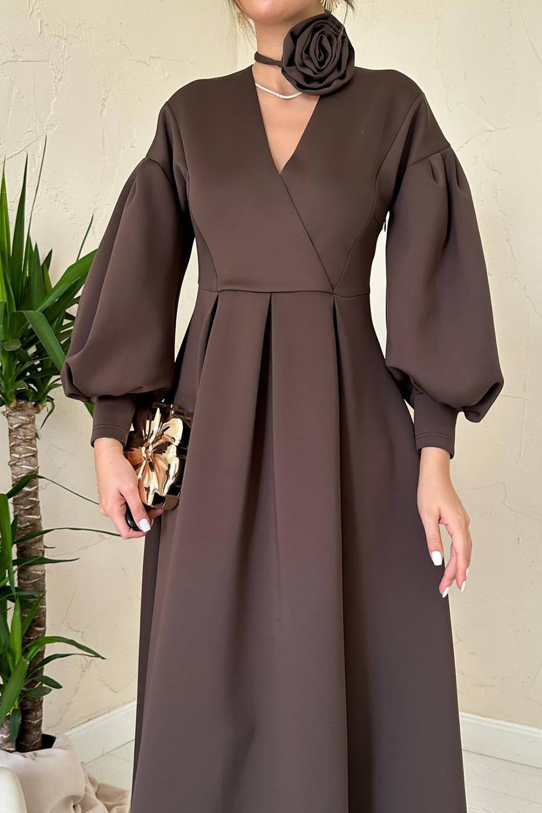 ELS Wholesale Brown Rose Detailed Scuba Dress - Torrente