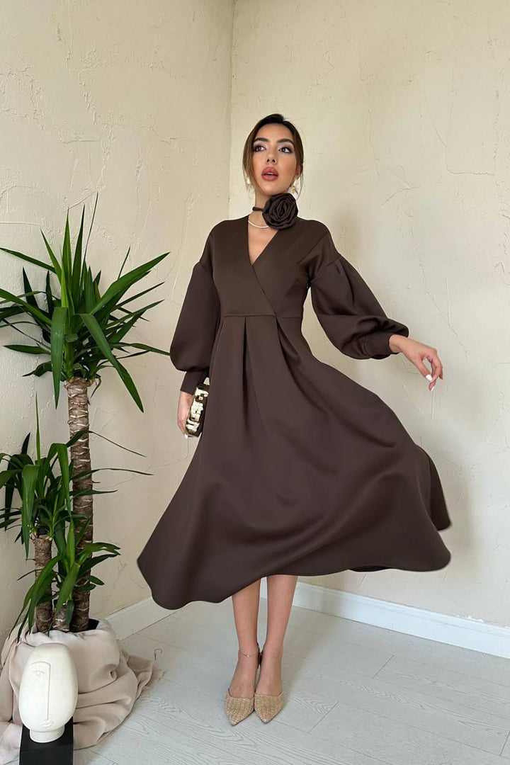 ELS Wholesale Brown Rose Detailed Scuba Dress - Torrente