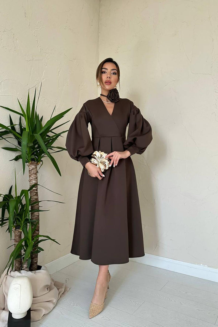 ELS Wholesale Brown Rose Detailed Scuba Dress - Torrente