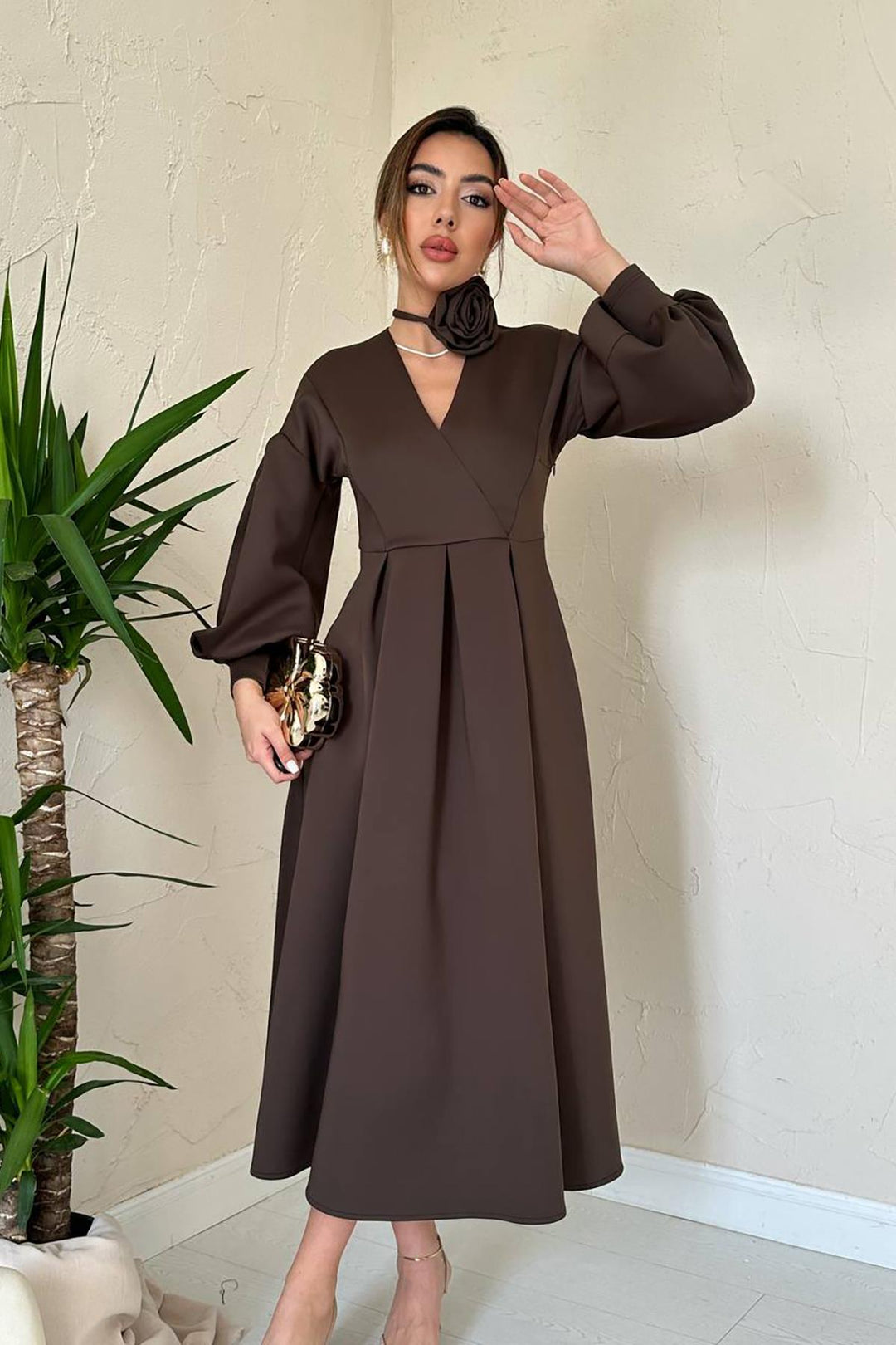 ELS Wholesale Brown Rose Detailed Scuba Dress - Torrente