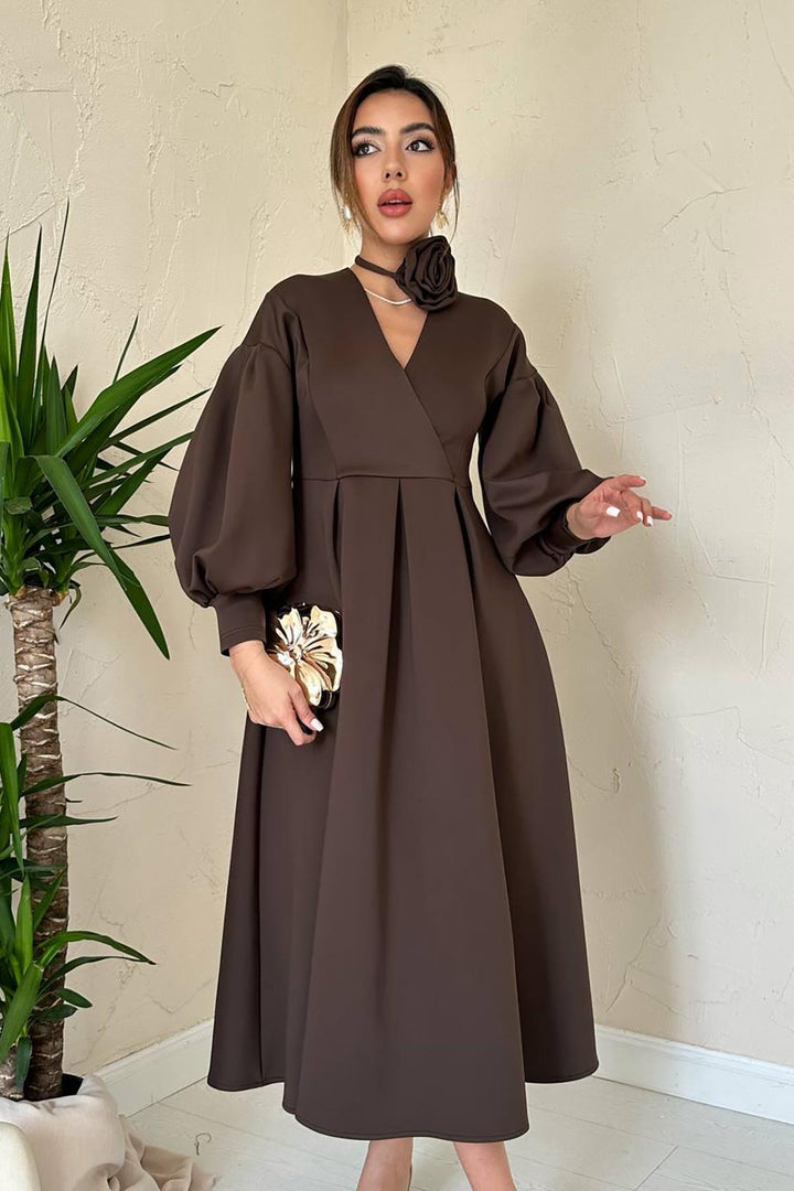 ELS Wholesale Brown Rose Detailed Scuba Dress - Torrente