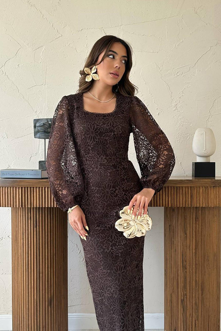 ELS Toptan Kahverengi Güpür Detaylı Dantel Elbise - Colombes