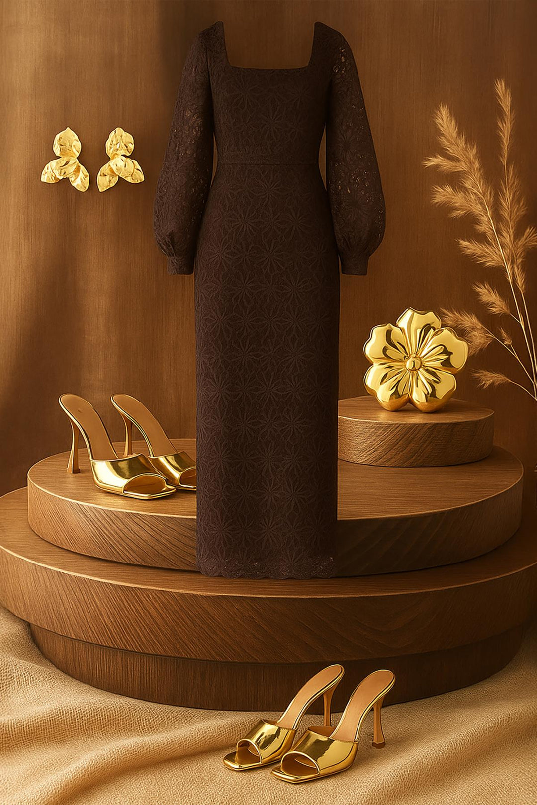 ELS Toptan Kahverengi Güpür Detaylı Dantel Elbise - Colombes