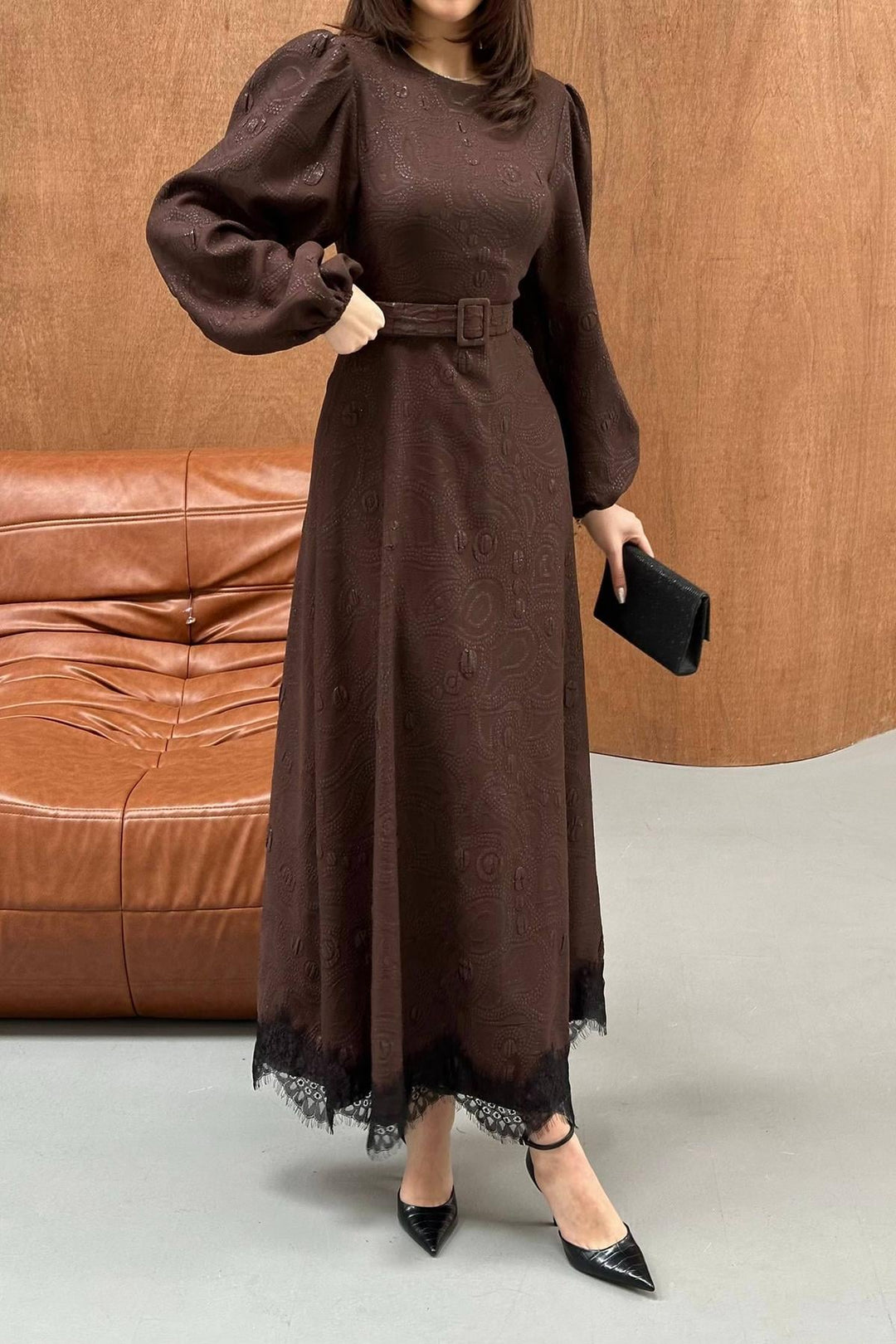 ELS Wholesale Brown Square Embossed Glitter Long Dress - Lünen